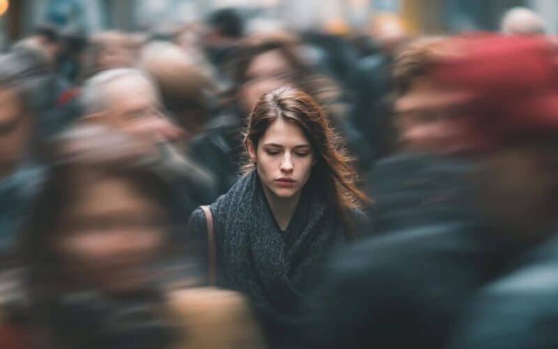 Hình ảnh cô gái trẻ đứng yên giữa dòng người đông đúc.