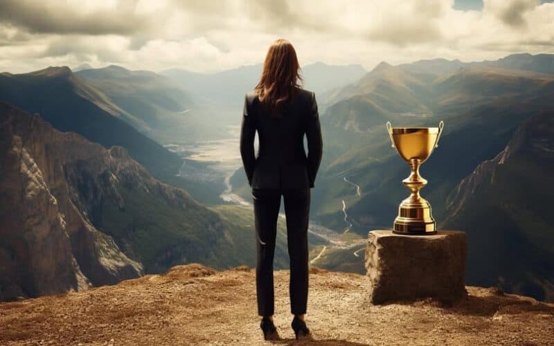 Phụ nữ thành đạt đứng nhìn cảnh núi non huyền bí, tự hào về thành tựu của mình. Hình ảnh tượng trưng cho thành công và nghị lực.